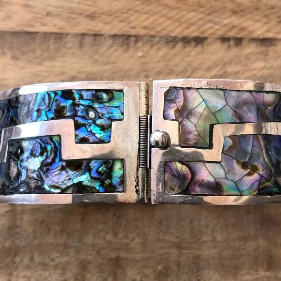 925 sterling silver & abalone gorgeous hinged link bracelet made in Mexico - Picture 8 of 16